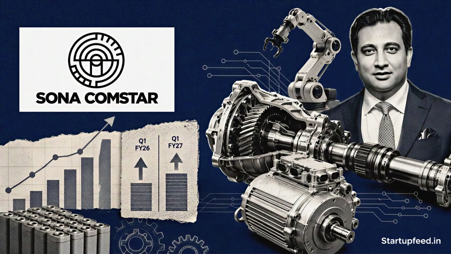 Sona Comstar Q1 profit visualised with its official logo, EV driveline components and abstract quarterly growth charts