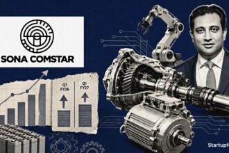 Sona Comstar Q1 profit visualised with its official logo, EV driveline components and abstract quarterly growth charts