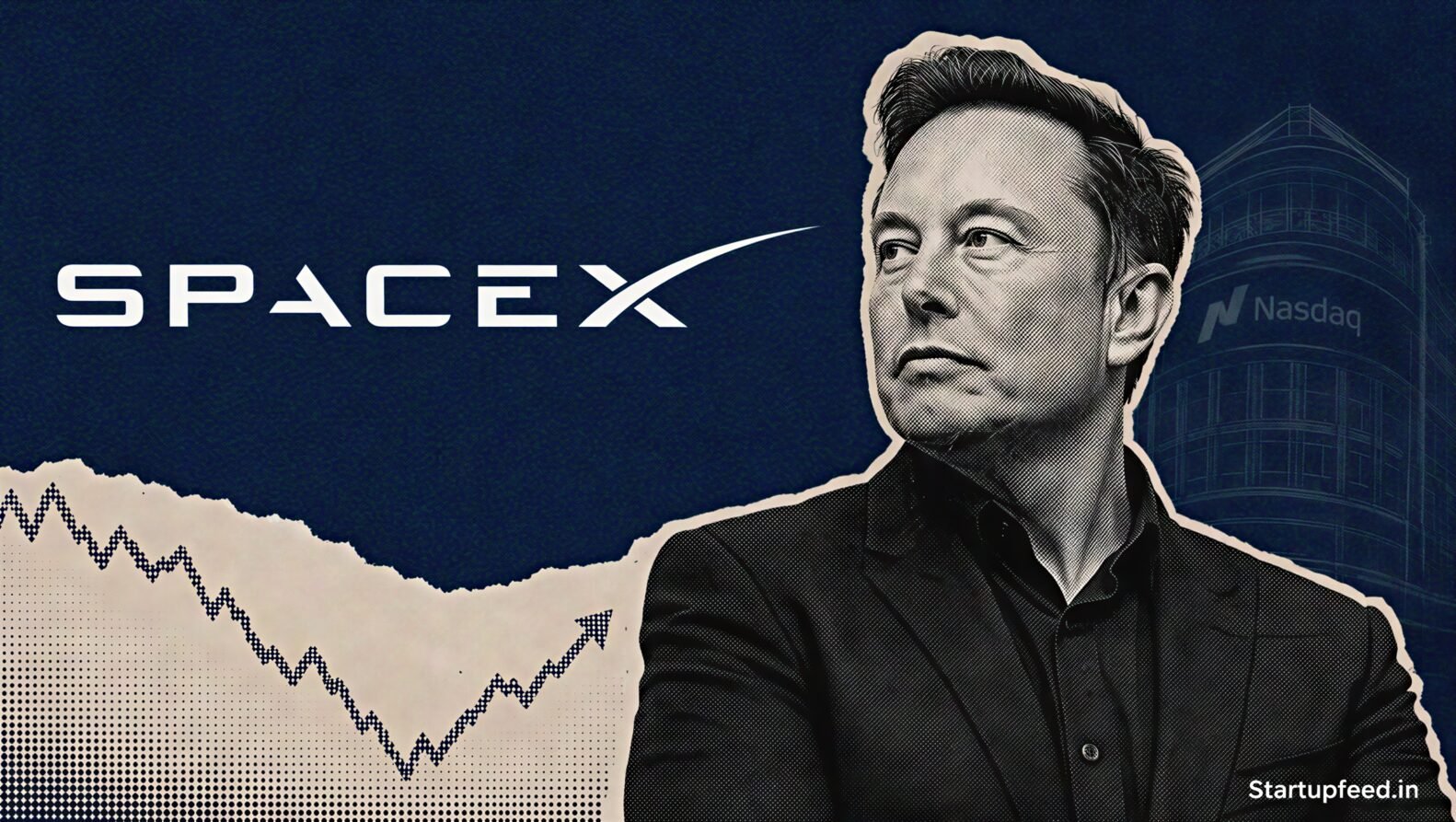 Elon Musk beside the SpaceX logo as SpaceX stock falls below its IPO price after a sharp post-listing selloff