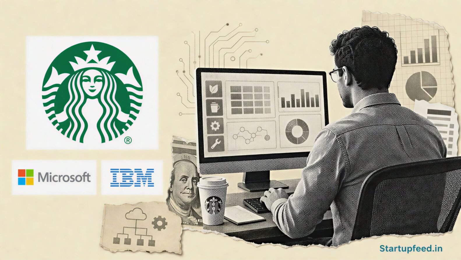 Starbucks AI software visualised through a halftone technology workspace with official Starbucks, Microsoft and IBM logos