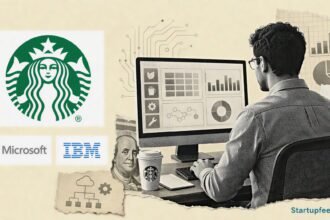 Starbucks AI software visualised through a halftone technology workspace with official Starbucks, Microsoft and IBM logos