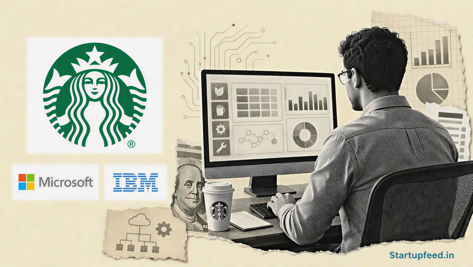 Starbucks AI software visualised through a halftone technology workspace with official Starbucks, Microsoft and IBM logos