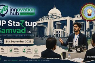 Startup Samwaad 3.0 editorial collage with AKTU and i-Hub Uttar Pradesh logos, investor pitch silhouettes and Lucknow campus architecture