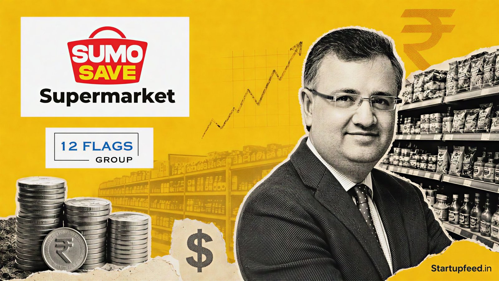Sumosave bags Rs 50 Cr funding in a halftone grocery-retail collage featuring Sumosave and 12 Flags Group logos