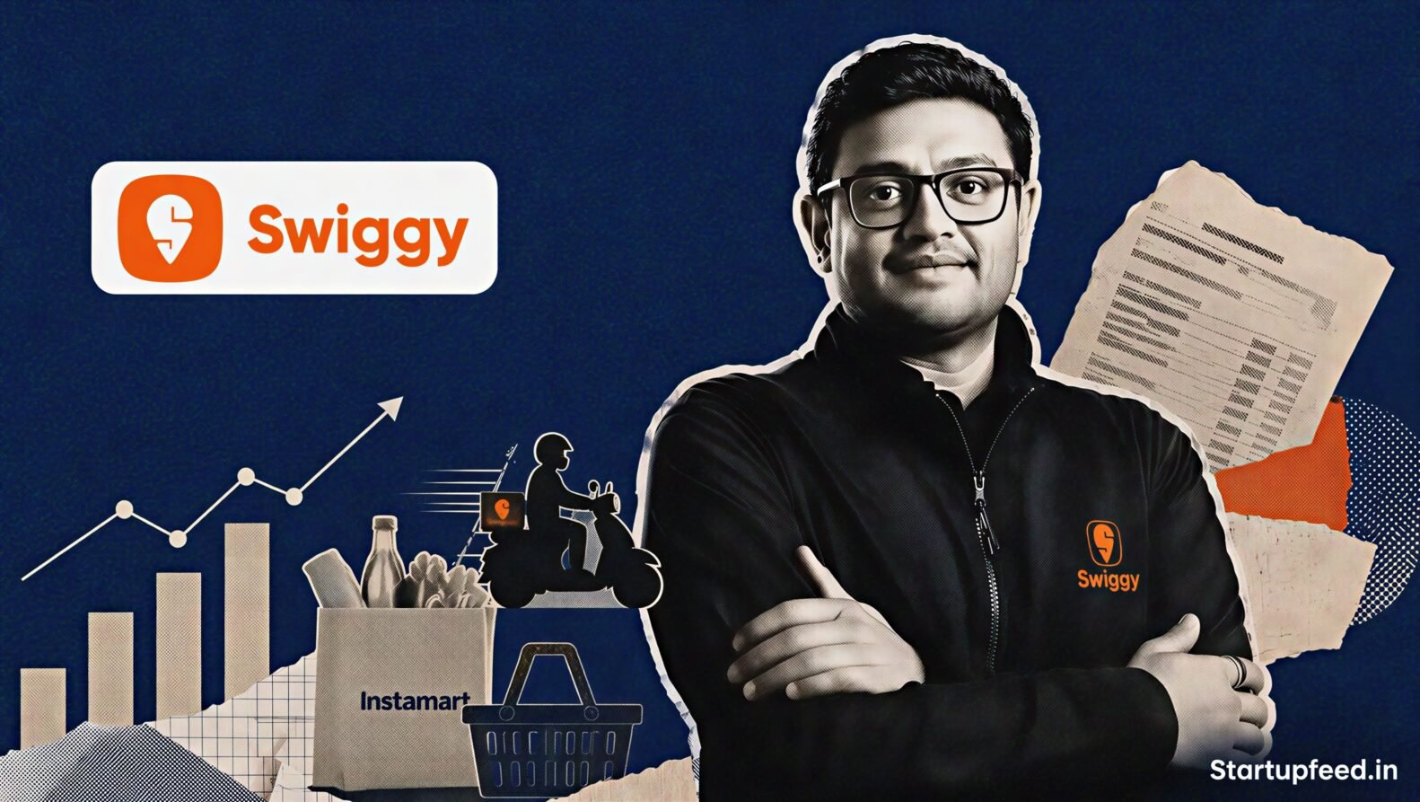 Swiggy Q1 results showing Sriharsha Majety as Instamart reaches contribution breakeven and revenue rises to Rs 6,812 Cr in FY27