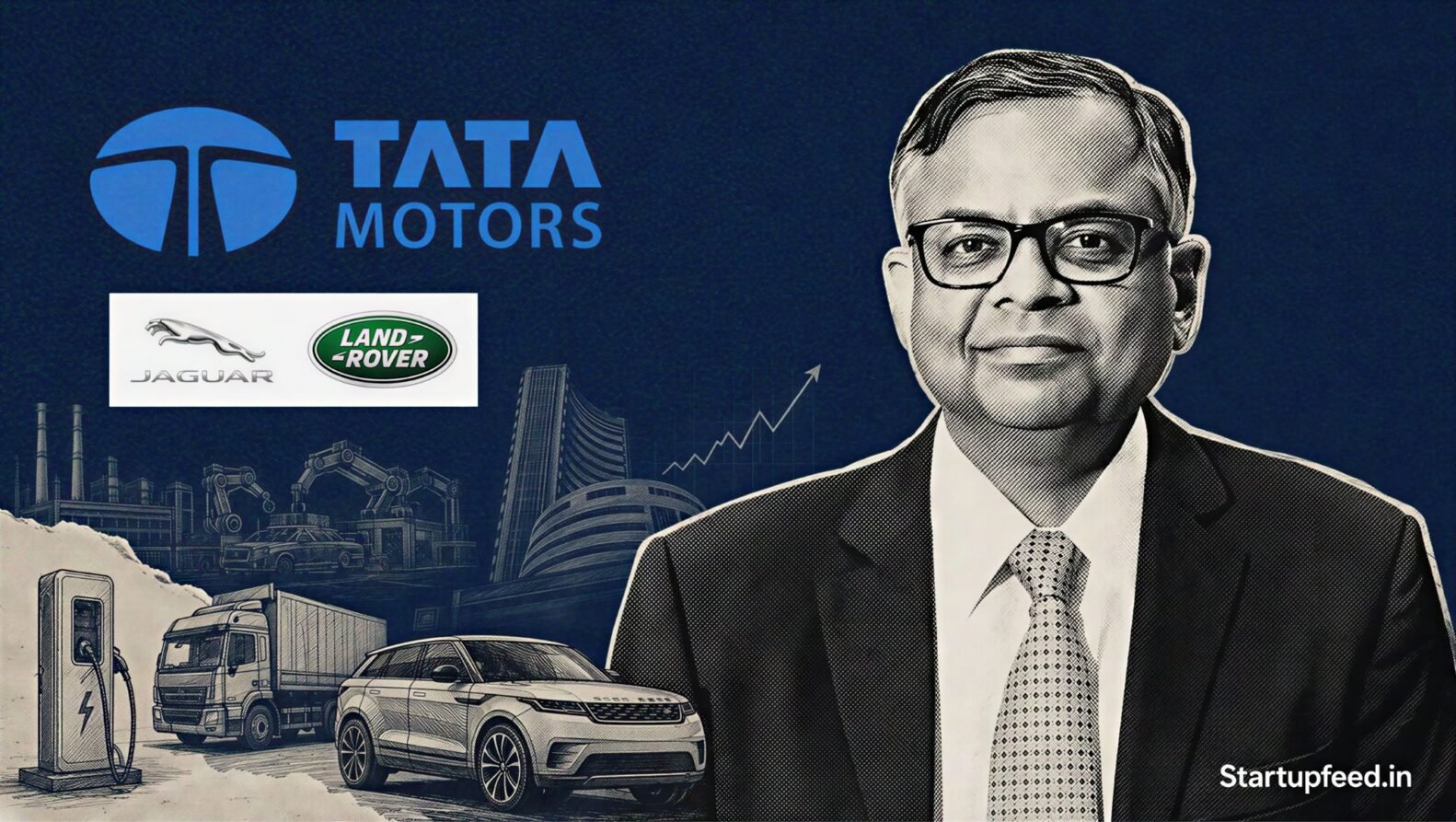Tata auto revenue target visual with Tata Motors logo and N Chandrasekaran halftone portrait