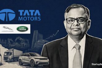 Tata auto revenue target visual with Tata Motors logo and N Chandrasekaran halftone portrait