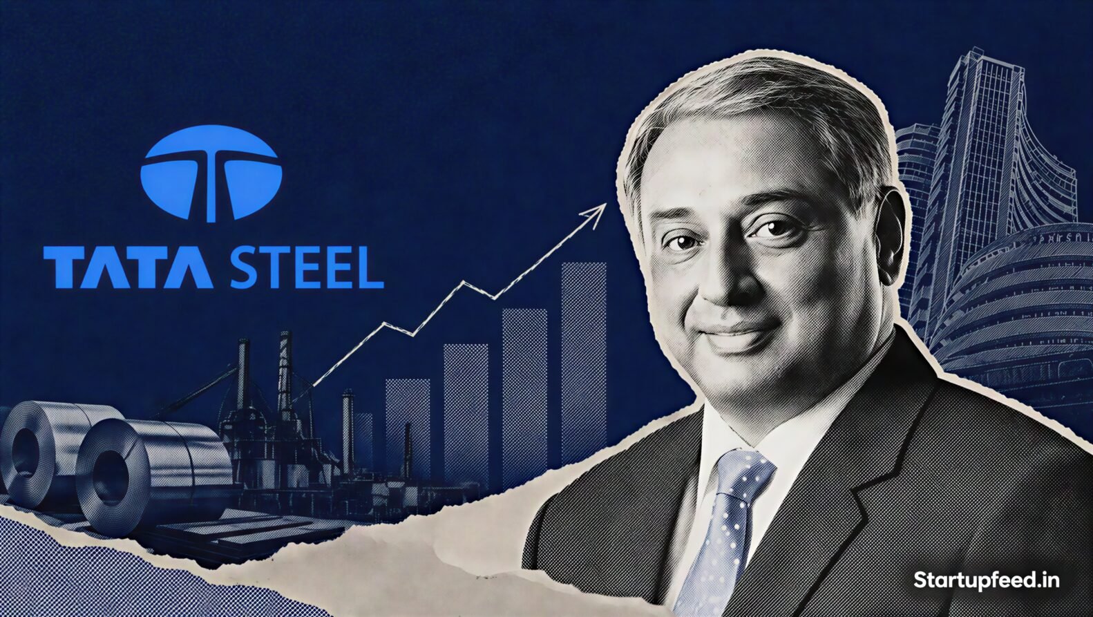 Tata Steel Q1 profit results highlighted with Tata Steel logo and a halftone portrait of CEO T. V. Narendran following Q1 FY27 earnings