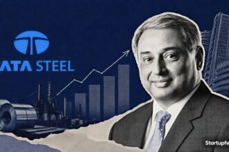 Tata Steel Q1 profit results highlighted with Tata Steel logo and a halftone portrait of CEO T. V. Narendran following Q1 FY27 earnings