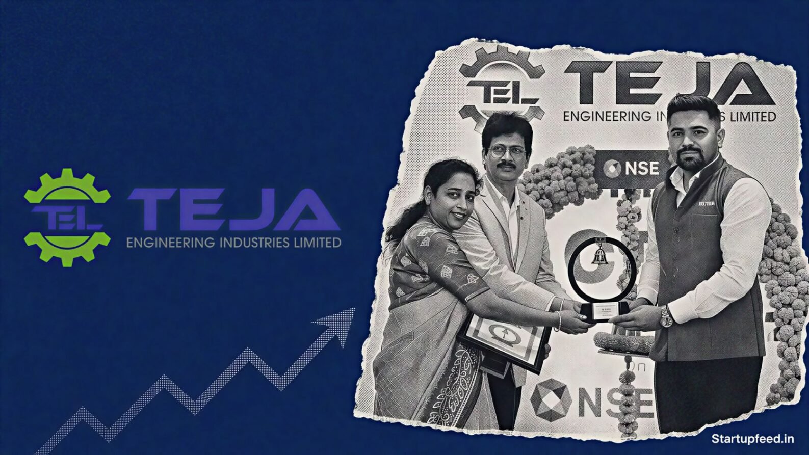 Teja Engineering IPO Listing scene with company logo, NSE Emerge backdrop and strong debut market chart