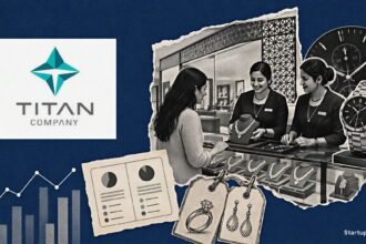 Titan Q1 FY27 revenue collage with Titan logo, jewellery retail cues, and abstract growth charts