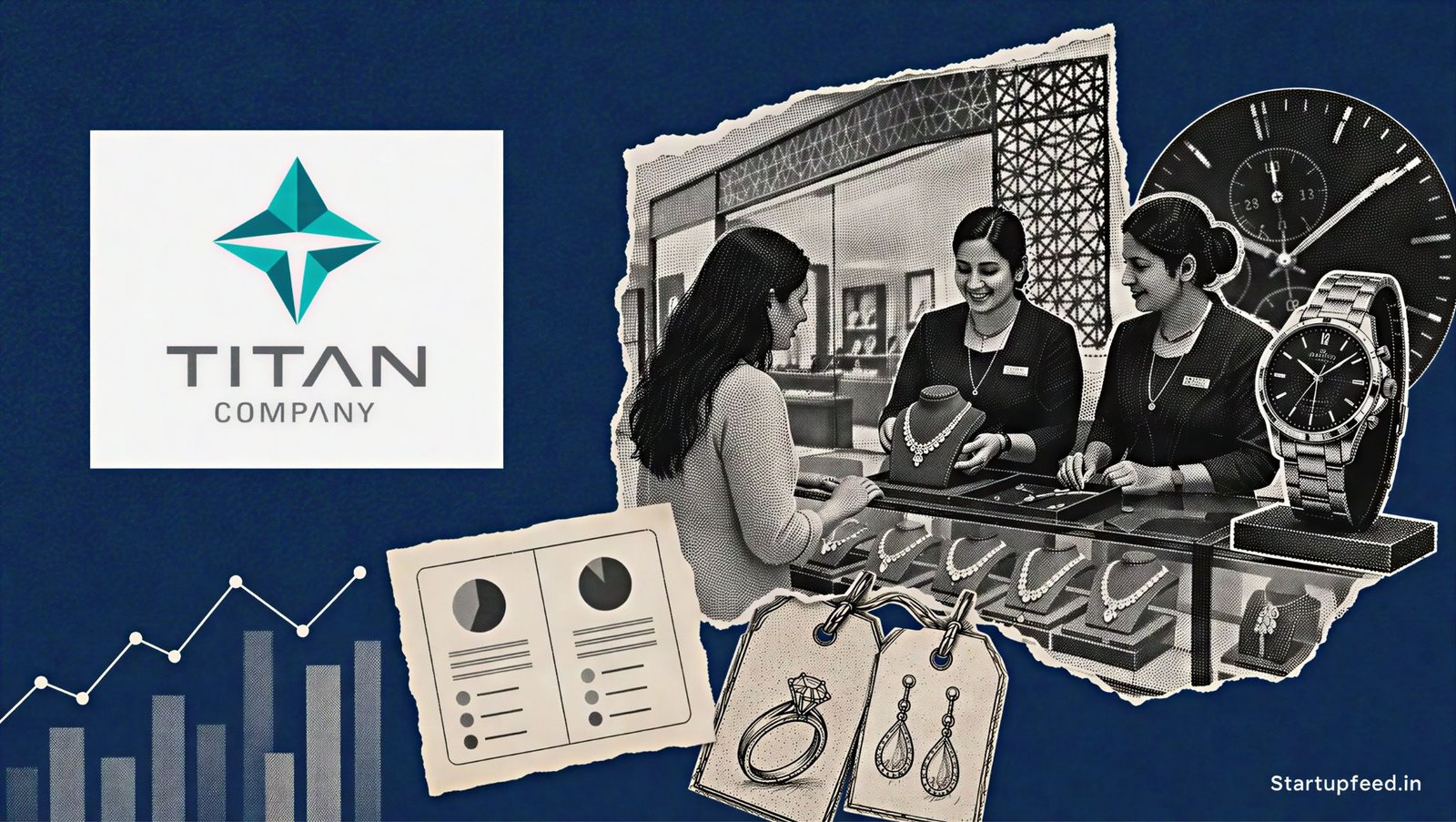 Titan Q1 FY27 revenue collage with Titan logo, jewellery retail cues, and abstract growth charts