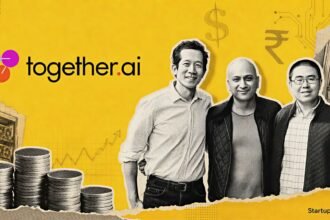 Together AI funding visual with official company and Aramco Ventures logos, halftone GPU servers, stacked coins and compute infrastructure
