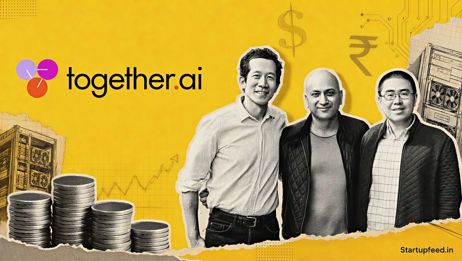 Together AI funding visual with official company and Aramco Ventures logos, halftone GPU servers, stacked coins and compute infrastructure