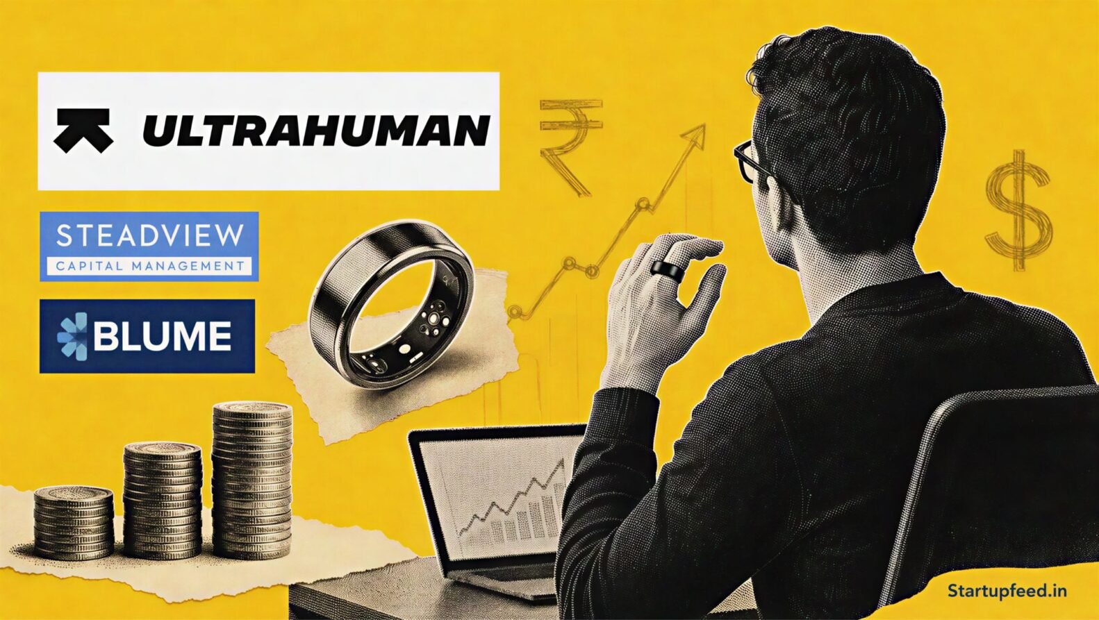Ultrahuman funding talks visual for $60 Mn with a halftone wearable-tech professional, company logo, and Steadview and Blume logos