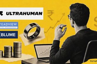 Ultrahuman funding talks visual for $60 Mn with a halftone wearable-tech professional, company logo, and Steadview and Blume logos