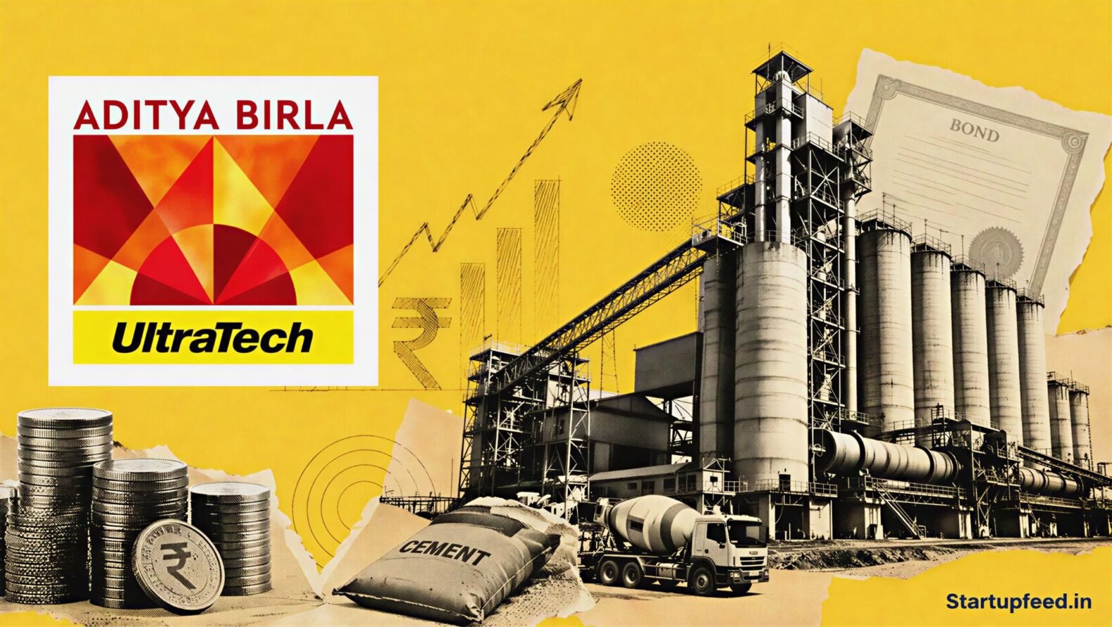 UltraTech NCD issue visual with the company logo, halftone cement plant silhouette and Rs 5,000 Cr corporate debt cues