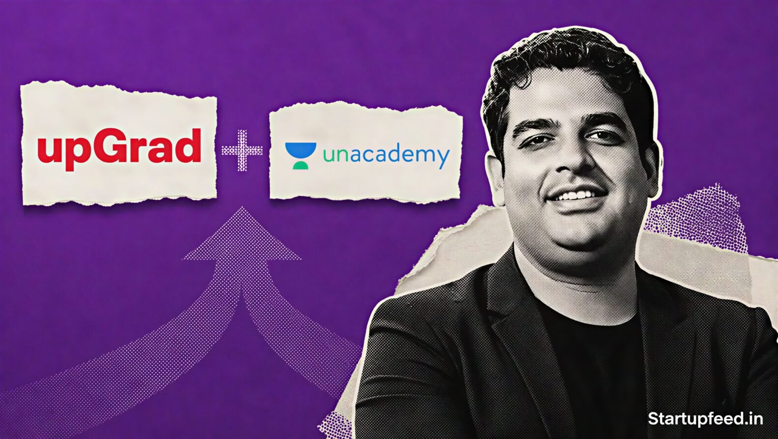 Unacademy UpGrad merger with UpGrad and Unacademy logos alongside Gaurav Munjal in an editorial merger illustration valued at Rs 1,955 Cr