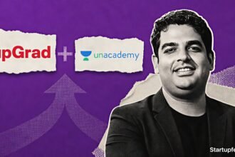 Unacademy UpGrad merger with UpGrad and Unacademy logos alongside Gaurav Munjal in an editorial merger illustration valued at Rs 1,955 Cr