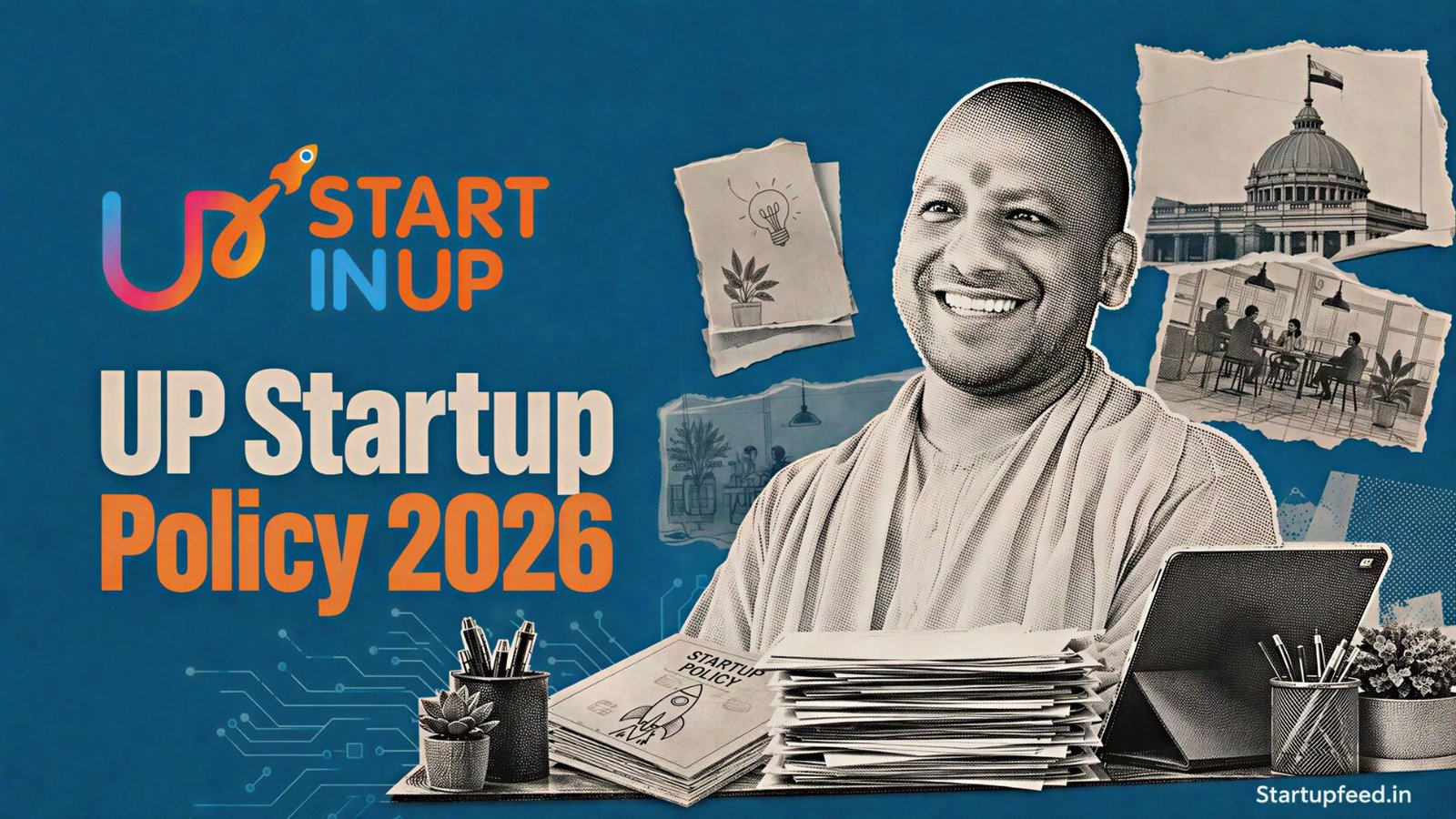 UP Startup Policy 2026 editorial collage with StartinUP logo, Uttar Pradesh emblem, policy documents and incubator scene