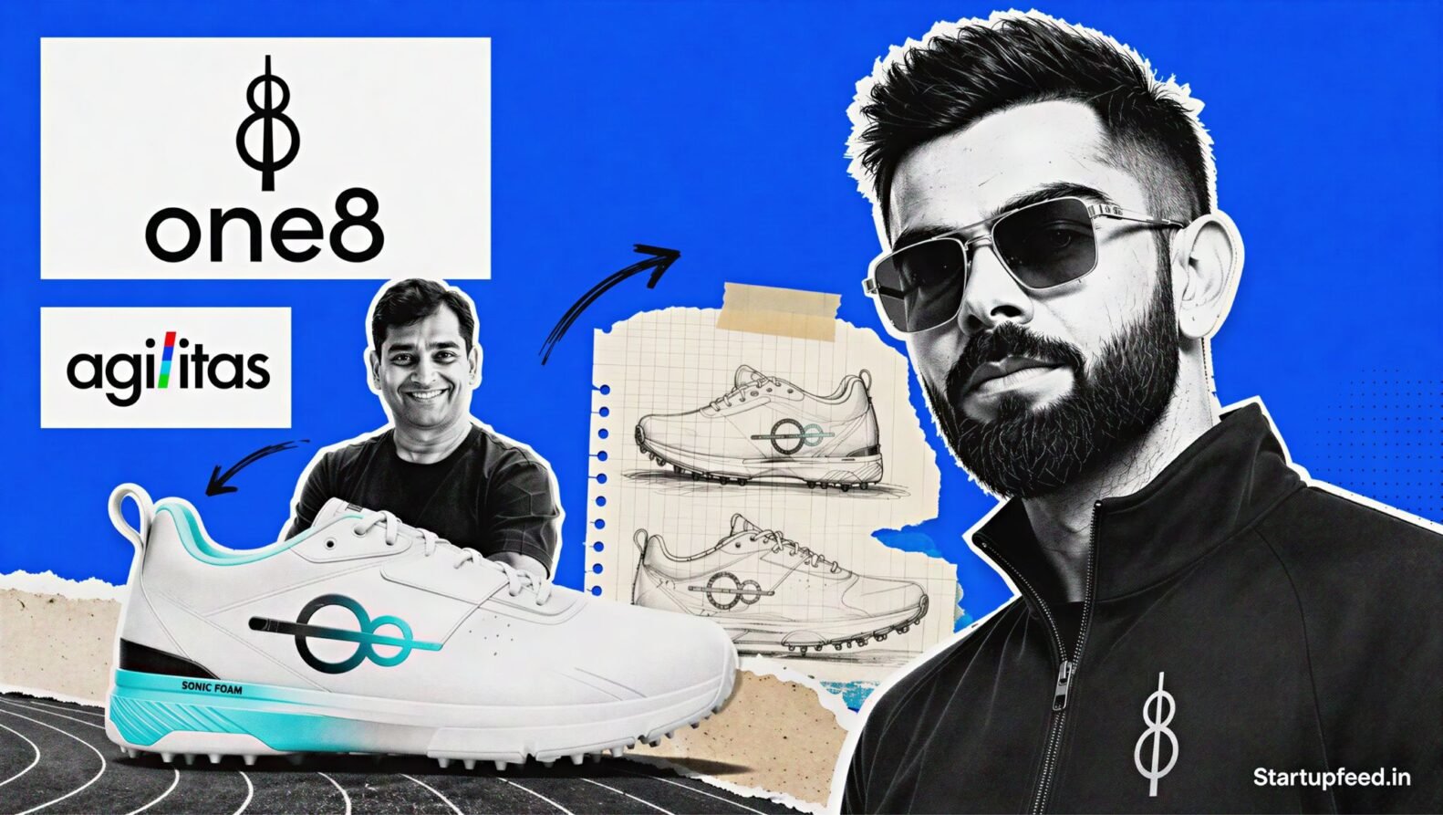 Virat Kohli One8 relaunch with Kohli halftone portrait, One8 logo and sportswear collage