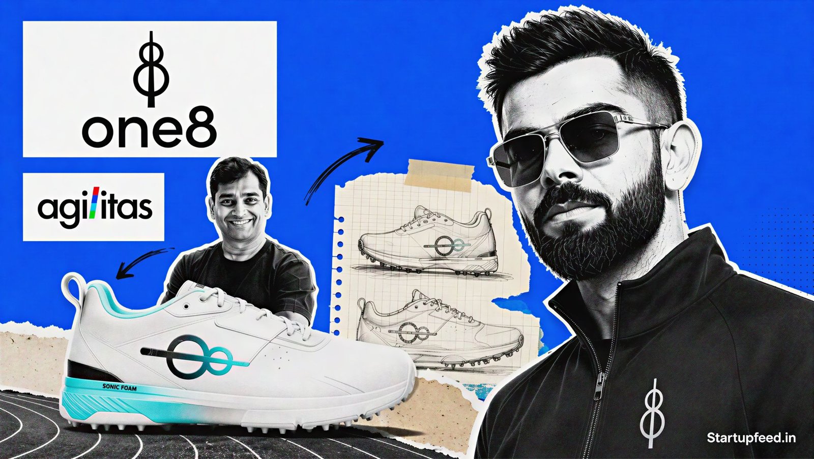 Virat Kohli One8 relaunch with Kohli halftone portrait, One8 logo and sportswear collage