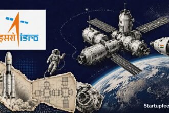 India Space Station visualised with the official ISRO logo and a halftone Bharatiya Antariksh Station module orbiting above Earth
