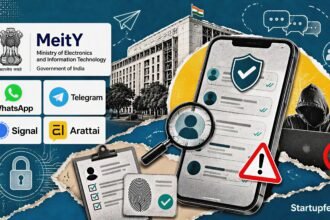 Uniform social media rules illustrated with the MeitY logo, messaging platform symbols, a smartphone and identity-verification documents