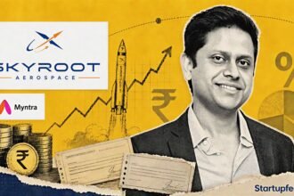 Mukesh Bansal Skyroot stake visual with his halftone portrait, Skyroot logo, rocket silhouette and investment-growth motifs