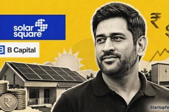 MS Dhoni backs SolarSquare in a halftone funding collage with rooftop solar panels, investment symbols and the official company logo