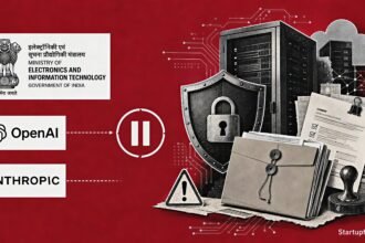 MeitY AI cybersecurity pause illustrated with MeitY, OpenAI and Anthropic logos, a pause symbol, secured servers, cyber shield and government documents