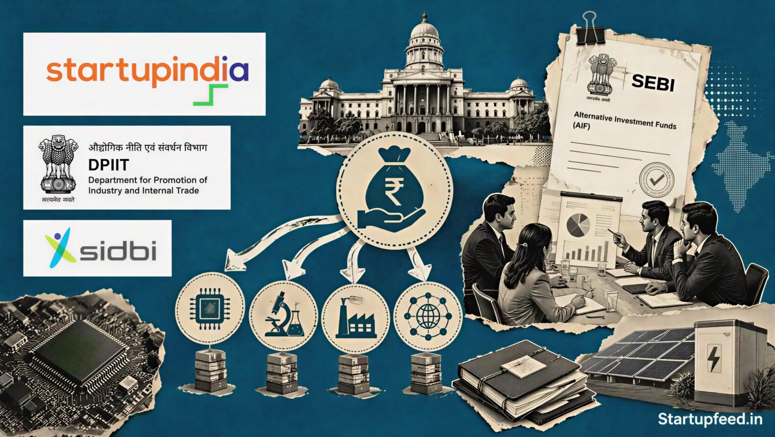 Startup India FoF 2.0 policy visual with DPIIT and SIDBI logos, AIF funding pathways and Indian deeptech investment elements