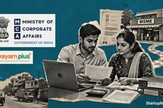 Corporate Mitra Scheme visual with MCA emblem, young para-professionals and MSME compliance documents in a tier 2 city setting