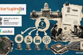 Startup India FoF 2.0 policy visual with DPIIT and SIDBI logos, AIF funding pathways and Indian deeptech investment elements