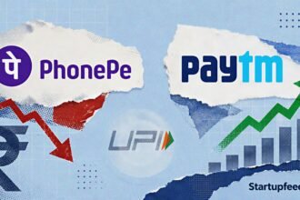 PhonePe vs Paytm comparison showing official PhonePe and Paytm logos with contrasting FY26 profitability and fintech business performance