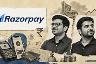 Razorpay IPO journey shown through halftone founder silhouettes beside the official company logo and Indian digital-payment infrastructure elements