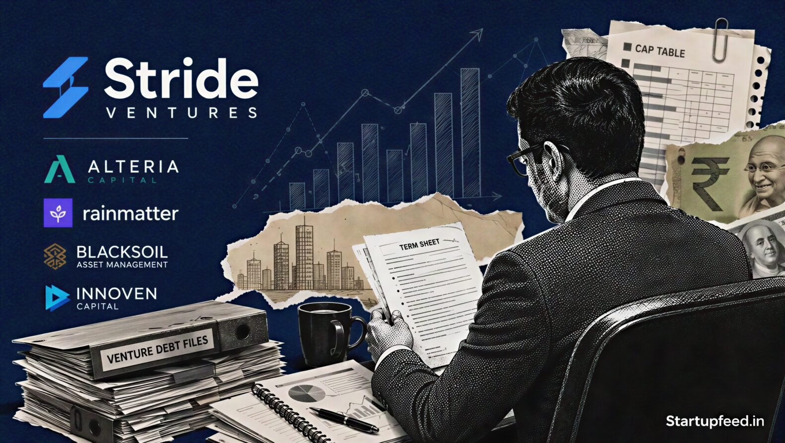 Top startup investors collage led by Stride Ventures with venture debt funding documents and H1 2026 startup deal activity