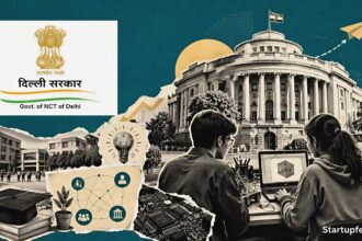 Delhi Startup Policy visual with the Delhi Government emblem, campus incubation workspace and an official institutional setting