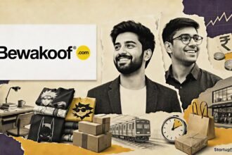 Bewakoof journey shown through halftone founder silhouettes, the official brand logo, graphic T-shirts and Aditya Birla TMRW ownership cues