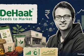 Shashank Kumar beside a DeHaat agritech farming-network collage showing crops, digital advisory, rural distribution and FY25 growth