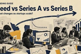 Seed vs Series A funding stages shown through founder, revenue-engine and scaling-team halftone scenes