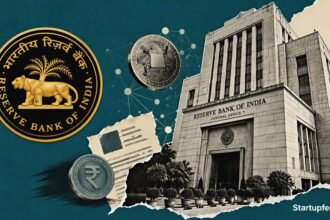 RBI Crypto Legalisation Stance shown through the central bank emblem, halftone headquarters and restrained virtual-asset policy collage