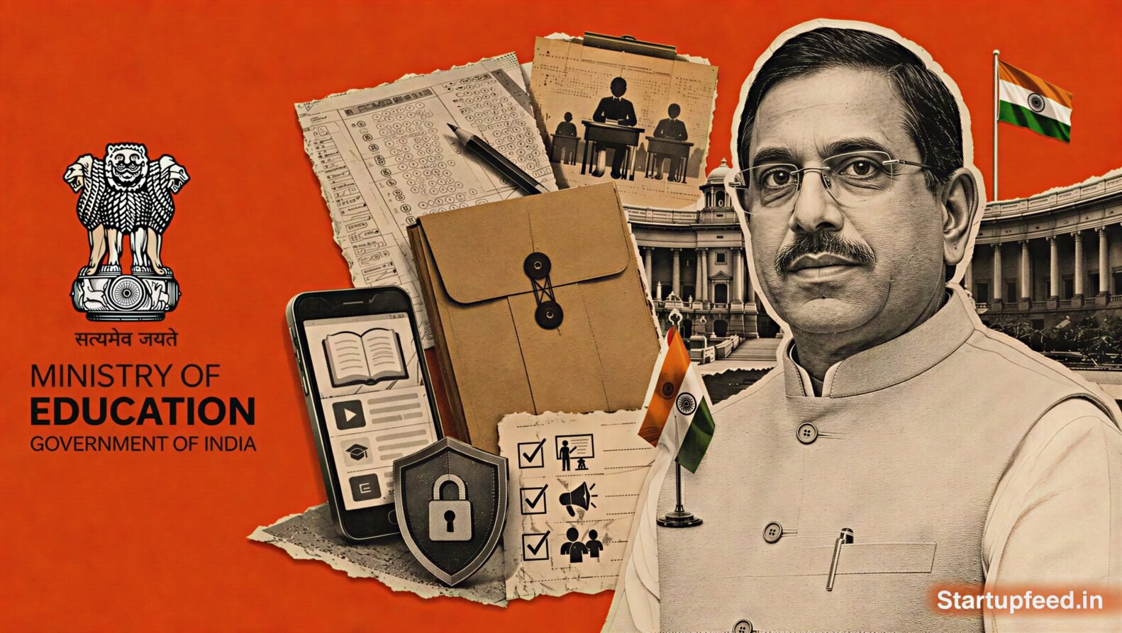 New Education Minister Pralhad Joshi represented through an editorial Ministry of Education setting with exam reform and edtech compliance documents