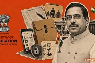 New Education Minister Pralhad Joshi represented through an editorial Ministry of Education setting with exam reform and edtech compliance documents