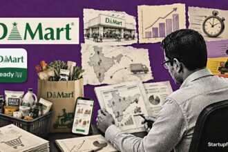DMart Quick Commerce Strategy collage with DMart Ready app, grocery baskets and Blinkit Zepto speed contrast