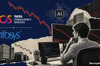 TCS Infosys results shown with IT stock charts, AI disruption symbols, and Indian software sector collage