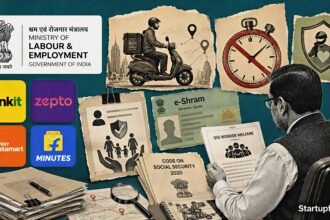 0-minute delivery reset collage with Labour Ministry documents, quick commerce rider safety and grocery app symbols