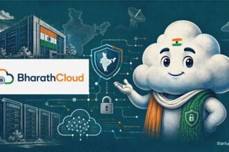 BharathCloud Badal mascot shown in a StartupFeed halftone collage with sovereign AI cloud, Indian data centre, trust and security symbols.