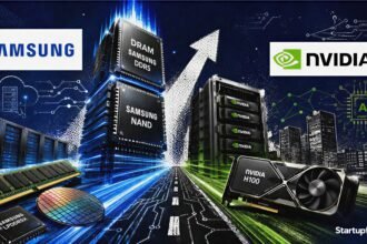 Samsung beats Nvidia visual showing Samsung memory chips, Nvidia GPU servers, AI data centre elements, and a semiconductor profit race.