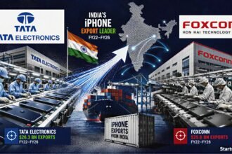Tata Electronics iPhone exports visual showing Tata and Foxconn logos, iPhone assembly lines, India manufacturing, export containers, and export routes.